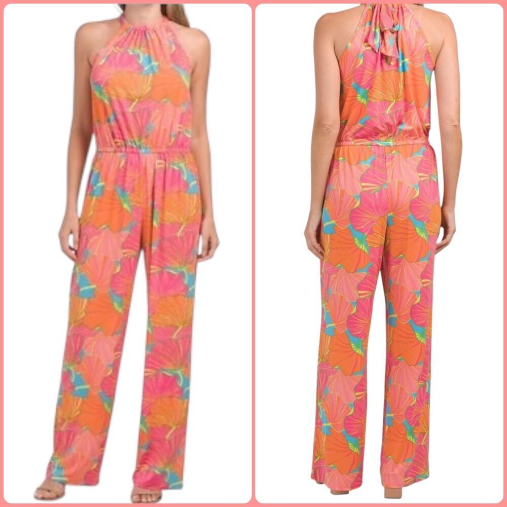Trina Turk Halter Wide Leg Jumpsuit‎ Pink Orange Floral Print Size Medium